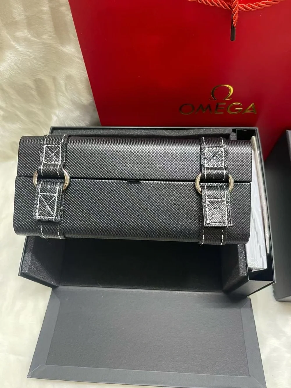 Omega Speedmaster Black Travel Watch Pouch with White Stitching